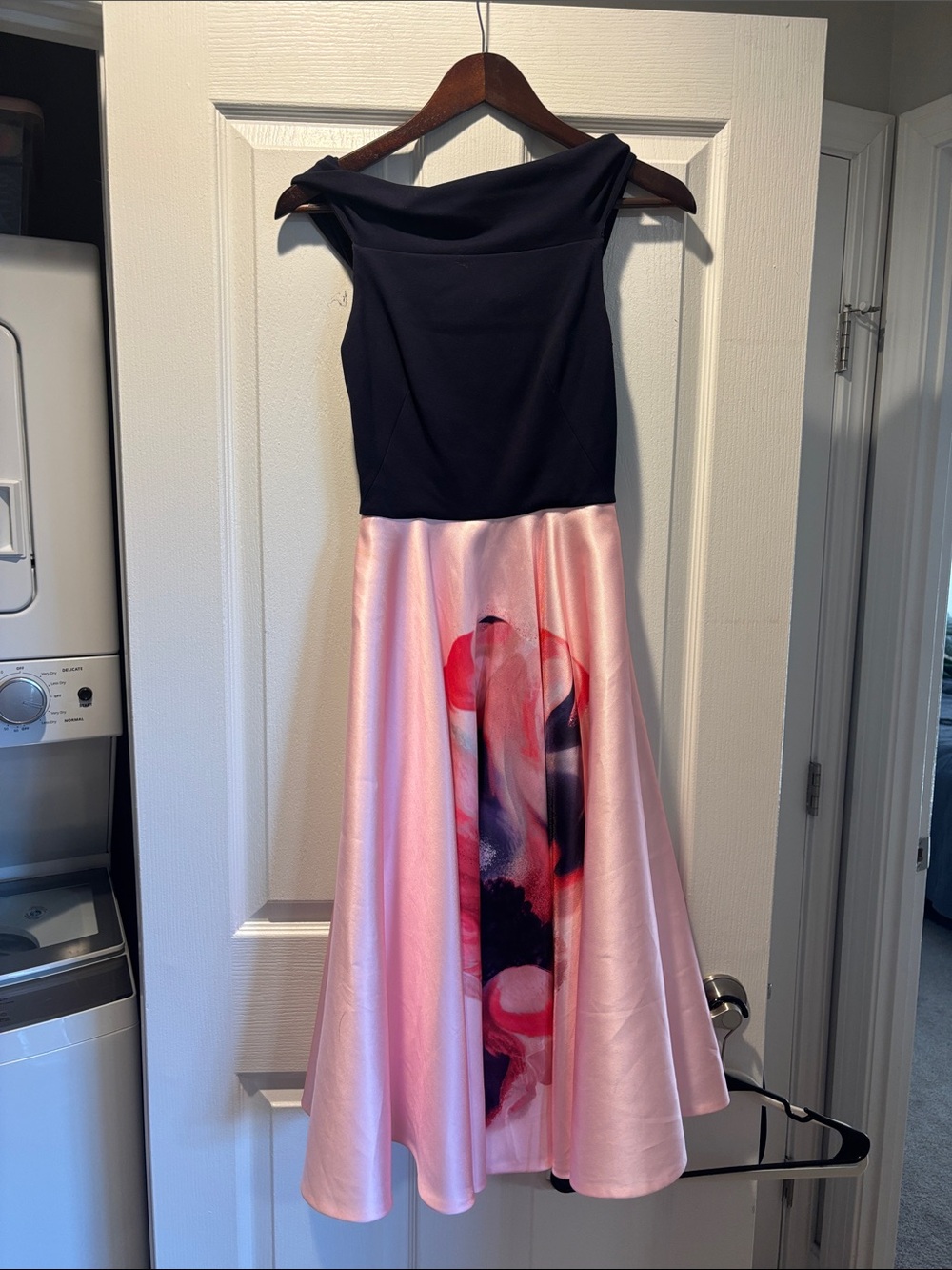 Ted Baker Off Shoulder Navy Bodice Pink Floral Midi Dress